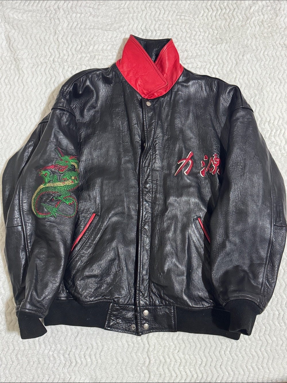 Power Souce Vintage Heavy Black Leather Bomber Jacket Japanese Dragon Embroidery